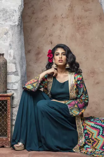 Teal Printed Front Open Long Cape With Top And Sharara