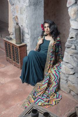 Teal Printed Front Open Long Cape With Top And Sharara 3