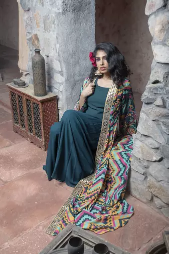 Teal Printed Front Open Long Cape With Top And Sharara
