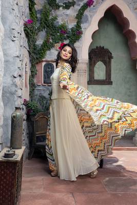 Cream printed front open long cape with top and sharara 1