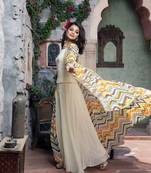 Cream printed front open long cape with top and sharara