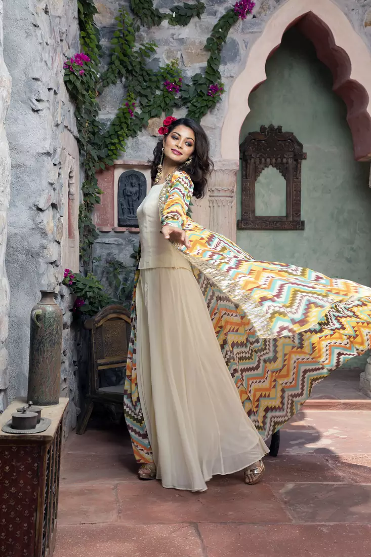 Charu Parashar Cream printed front open long cape with top and sharara
