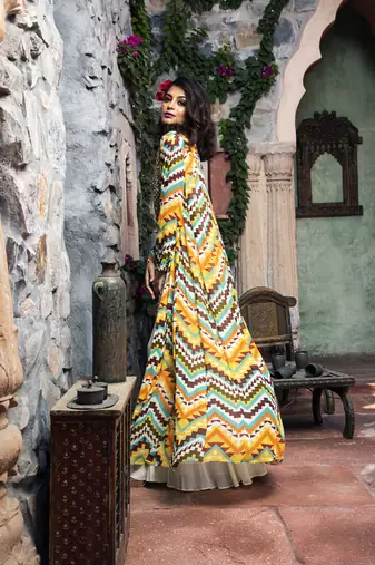 Cream printed front open long cape with top and sharara