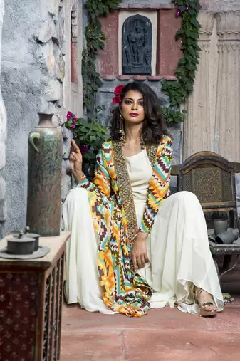 Cream printed front open long cape with top and sharara
