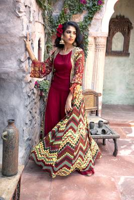 Red Printed Front Open Long Cape With Top And Sharara 1