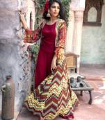 Red Printed Front Open Long Cape With Top And Sharara
