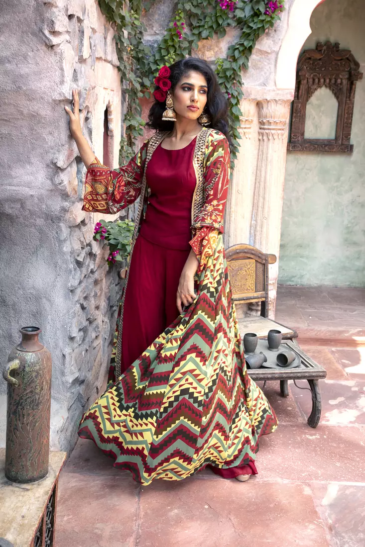 Charu Parashar Red printed front open long cape with top and sharara