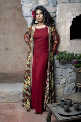 Red Printed Front Open Long Cape With Top And Sharara 2