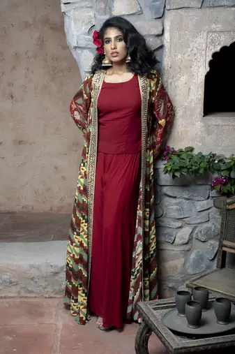 Red Printed Front Open Long Cape With Top And Sharara