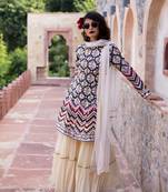 Cream Printed Front Open Jacket With Sharara And Dupatta