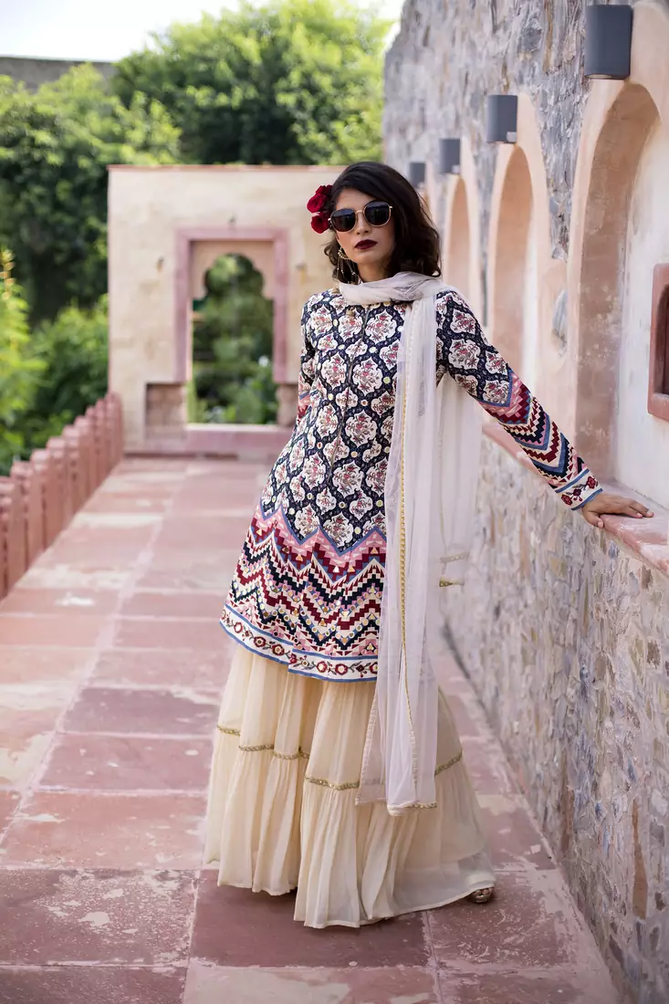 Charu Parashar Cream printed front open jacket with sharara and dupatta