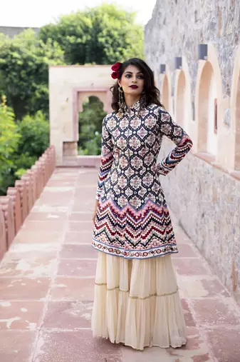 Cream Printed Front Open Jacket With Sharara And Dupatta