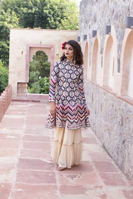 Cream Printed Front Open Jacket With Sharara And Dupatta 3