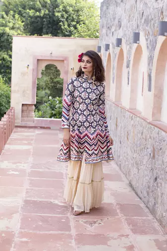 Cream Printed Front Open Jacket With Sharara And Dupatta