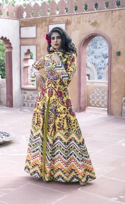 Yellow Printed Front Open Long Jacket With Sharara 1