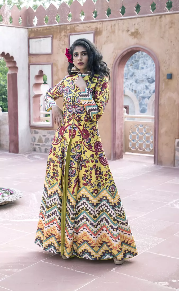 Charu Parashar Yellow printed front open long jacket with sharara