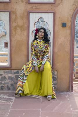 Yellow Printed Front Open Long Jacket With Sharara 2
