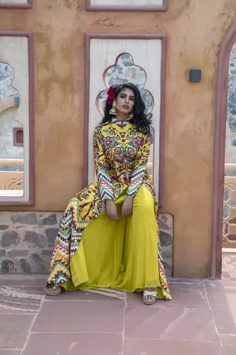 Yellow Printed Front Open Long Jacket With Sharara