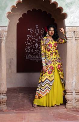 Yellow Printed U Shape Front Open Cape With Sharara 2