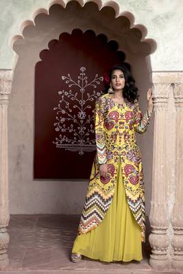 Yellow Printed U Shape Front Open Cape With Sharara 3