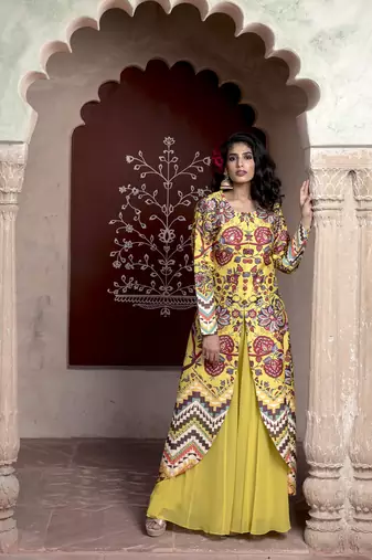 Yellow Printed U Shape Front Open Cape With Sharara