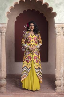 Yellow Printed U Shape Front Open Cape With Sharara 1