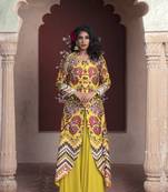 Yellow Printed U Shape Front Open Cape With Sharara