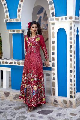  Red Printed Long Jacket With Sharara Set 1