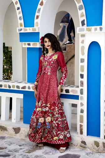  Red Printed Long Jacket With Sharara Set