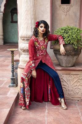  Red Printed Long Jacket With Sharara Set 3