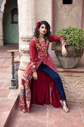  Red Printed Long Jacket With Sharara Set