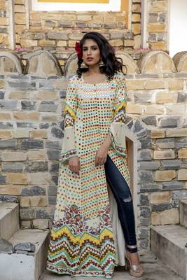  Cream Printed Front Open Long Jacket 1