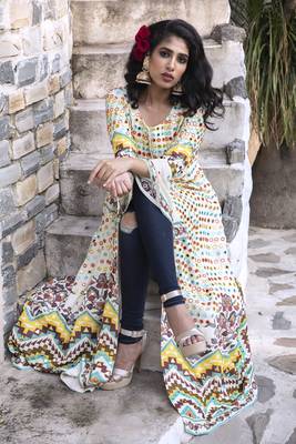  Cream Printed Front Open Long Jacket 2