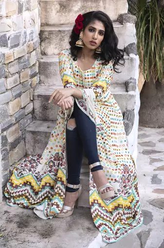  Cream Printed Front Open Long Jacket
