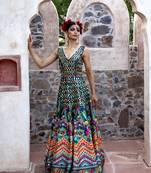 Teal Printed Long Sleeveless Gown