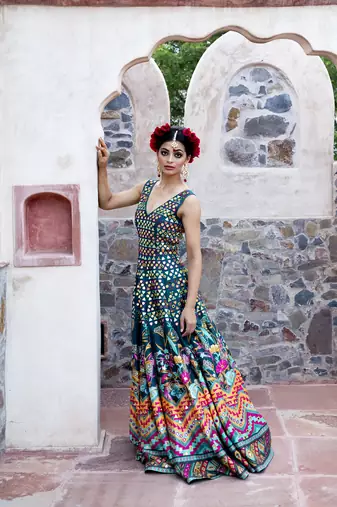 Teal Printed Long Sleeveless Gown