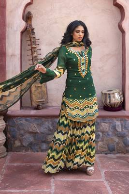 Green Printed  Kurta With Printed Sharara And Dupatta 1
