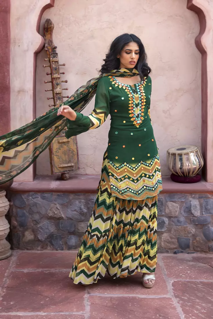 Charu parashar Green printed flare sleeve kurta with printed sharara and dupatta
