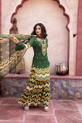 Green Printed  Kurta With Printed Sharara And Dupatta 2