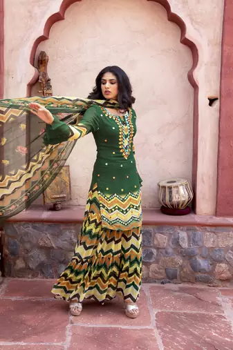 Green Printed  Kurta With Printed Sharara And Dupatta