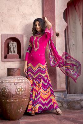 Indian Pink Printed Flare Sleeve Kurta With Printed Sharara And Dupatta 1