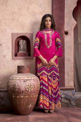 Indian Pink Printed Flare Sleeve Kurta With Printed Sharara And Dupatta 2