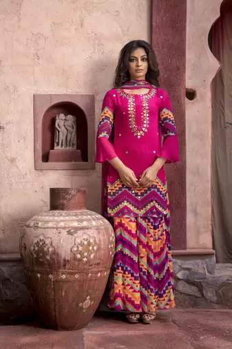 Indian Pink Printed Flare Sleeve Kurta With Printed Sharara And Dupatta