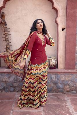 Red Printed Kurta With Printed Sharara And Dupatta 1