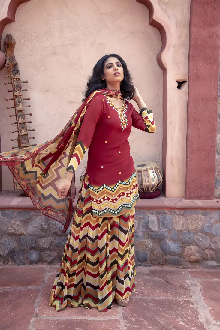 Charu parashar Red printed kurta with printed sharara and dupatta