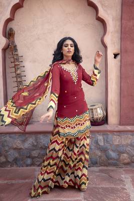 Red Printed Kurta With Printed Sharara And Dupatta 2
