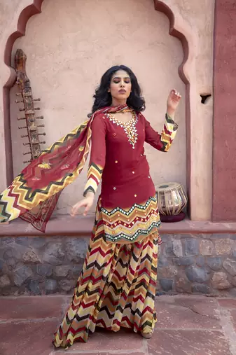 Red Printed Kurta With Printed Sharara And Dupatta