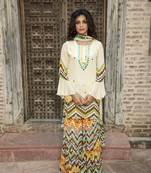 Cream Printed Kurta With Printed Sharara And Dupatta