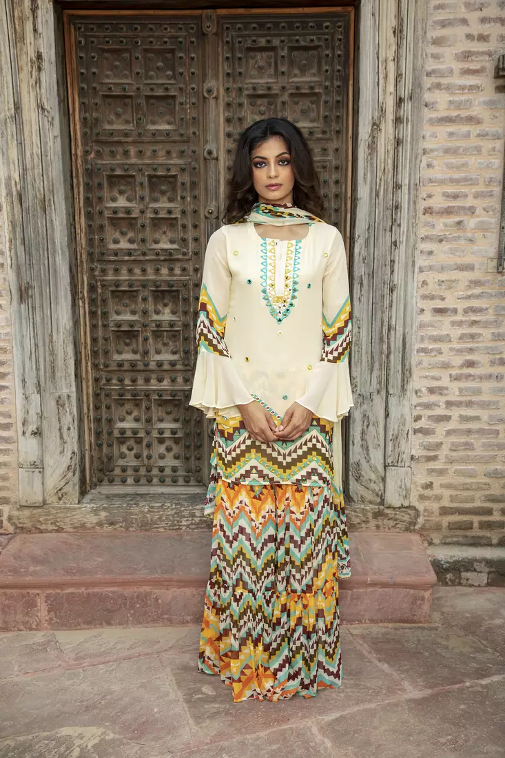 Charu parashar Cream printed flare sleeve kurta with printed sharara and dupatta