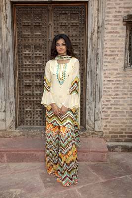 Cream Printed Kurta With Printed Sharara And Dupatta 2